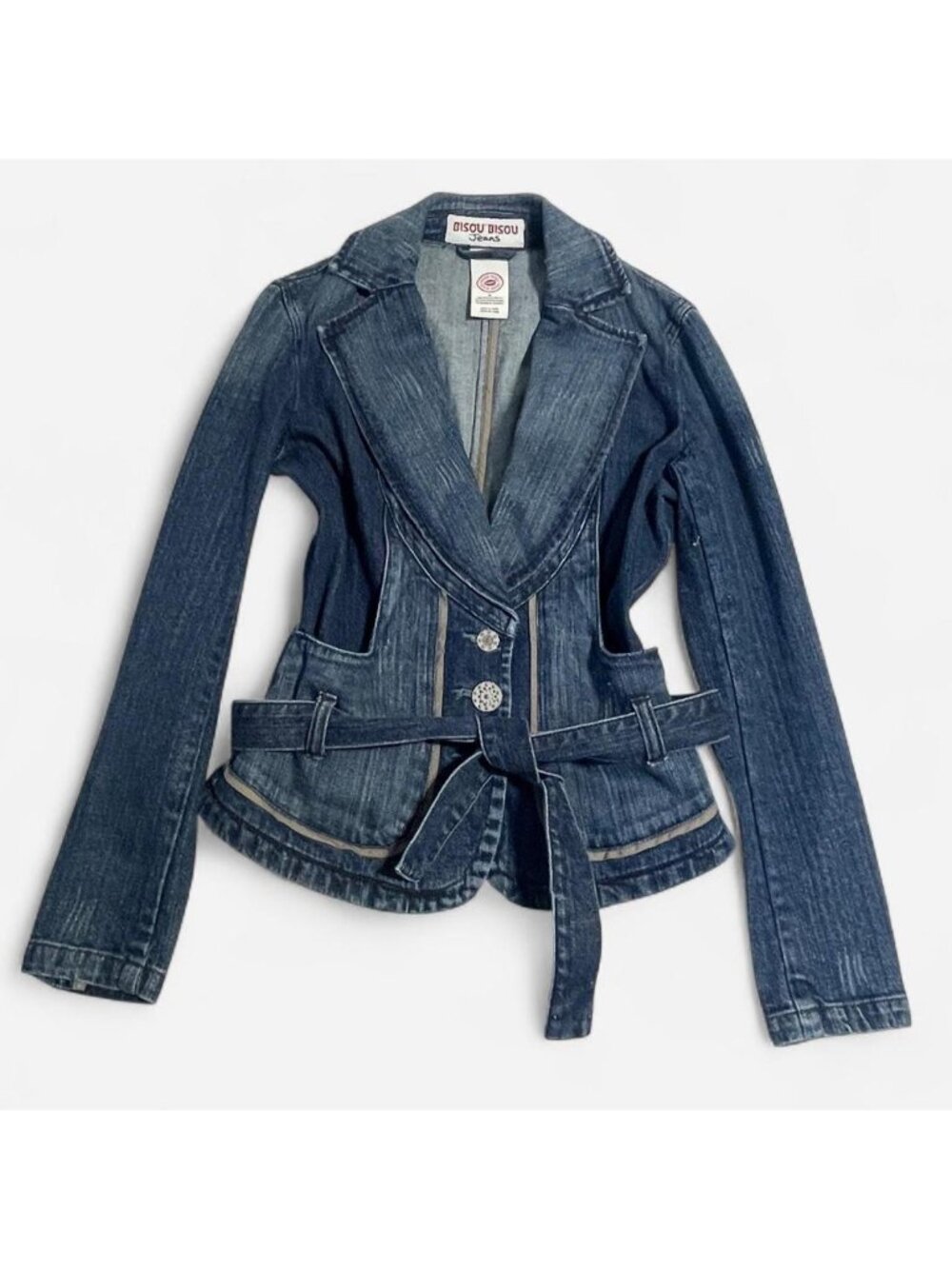 Bisou Bisou blue denim jacket with belt and contrast trim